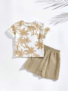 SHEIN 2pcs/Set Boys' Palm Tree Print Short Sleeve Casual T-Shirt And Shorts Set - Multicolor - View 2