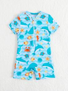 Baby Boy Cartoon Print One-Piece Swimsuit - Multicolor - View 4