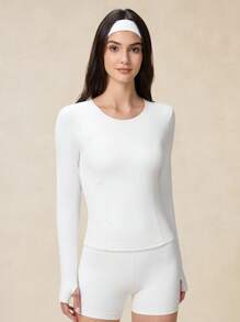 OutZeal 女士户外T恤 露营健身上衣 长袖 收腹 速干 丝滑柔软 圆领带拇指孔 - 白色 - 查看 9