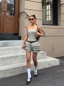 SHEIN EZwear Women's Casual Solid Color Ruffled Hem Bandeau Mini Dress