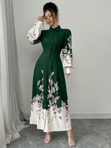 Elenzga Đầm dài in họa tiết toàn bộ cho nữ năm 2024 Maxi Outfit dành cho nữ - Màu xanh lá cây đậm - Xem 3