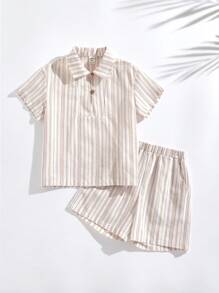 SHEIN Set di maglietta a righe e pantaloncini da ragazzo per una vacanza in campagna colorata - Multicolore - Visualizzare 3