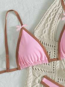 SHEIN Women's Spring Break Spaghetti Strap Triangle Bowknot Bikini Top And High Cut Bottoms, Summer Beach Swimming Vacation Set - Pink - View 4