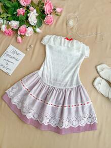 SHEIN Unity Cute Frilled Collar Pleated Fitted Sweet Tube Top Patchwork Ruffle Hem Mini Dress - Multicolor - View 3