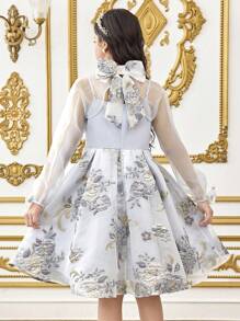 SHEIN 2pcs Set Tween Girls Elegant Jacquard Patchwork Stand Collar Slip Dress & Cover Up Outfit