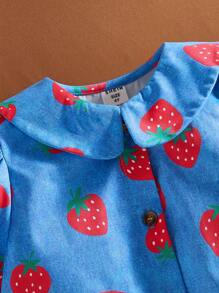 SHEIN Young Girls Strawberry Print Puff Sleeve Collared Button-Down Blouse, Vacation Style Countryside Aesthetic - Blue - View 6