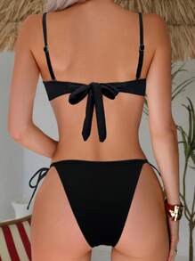 SHEIN Swim Ladies 2 Pieces Swimwear Set, Sexy Bandeau Bikini, Detachable Strap, Shell Decor, Hard Cup, Tassel, Comfortable Vacation Swimwear For Summer - Black - View 2