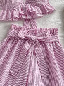 Soleia 2 件套女士休闲条纹荷叶边下摆吊带背心和短裤套装 - 彩色 - 查看 5