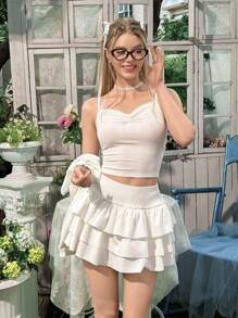 SHEIN 3-Piece Set: Fitted Casual Lace Trim Contrast Color T-Shirt, Camisole, And Mini Skirt For Teen Girls