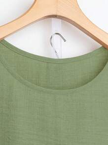 SHEIN LUNE 2pcs Women Solid Color Cap Sleeve Round Neck Top And Pants Set - Army Green - View 5