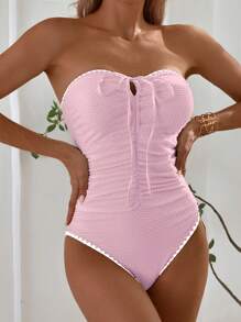 Women'S Solid Color Textured Fabric Tube Top With Drawstring Waist Ruched One-Piece Beach Outfit For Summer Beach Vacation - Pink - View 3