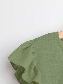 SHEIN LUNE 2pcs Women Solid Color Cap Sleeve Round Neck Top And Pants Set - Army Green - View 3