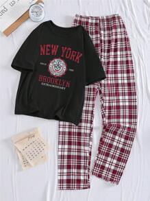 SHEIN Spring New Style Simple Letter Print Top + Plaid Pants Homeware 2pcs Set For Teen Girl - Black - View 1