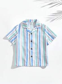 SHEIN Young Boys Striped Retro Wooden Button Placket Shirt - Multicolor - View 3