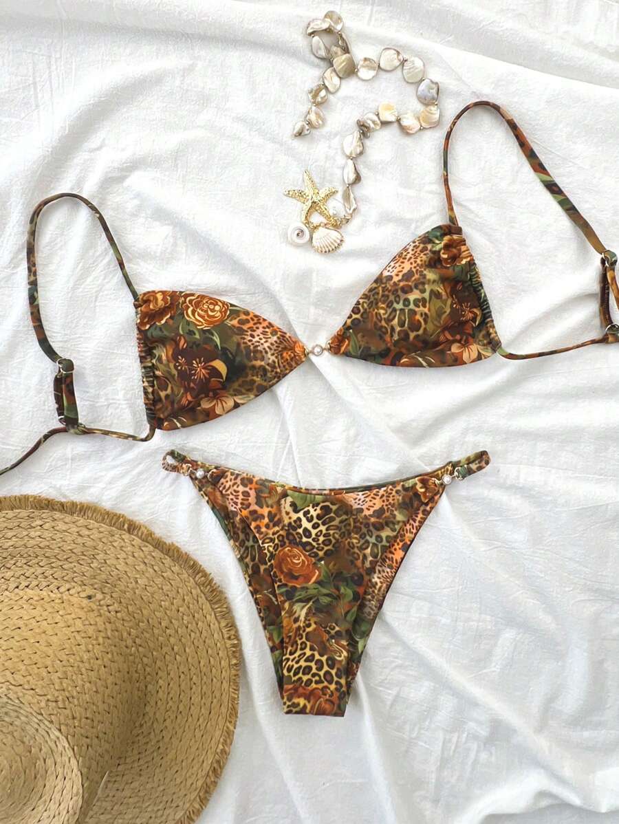 Swim Vcay 2pcs/Set Fashion Sexy Retro Printed Women's Spaghetti Strap Camisole Crop Top And Tie Back Bikini Set For Summer Beach Vacation - Multicolor - View 1