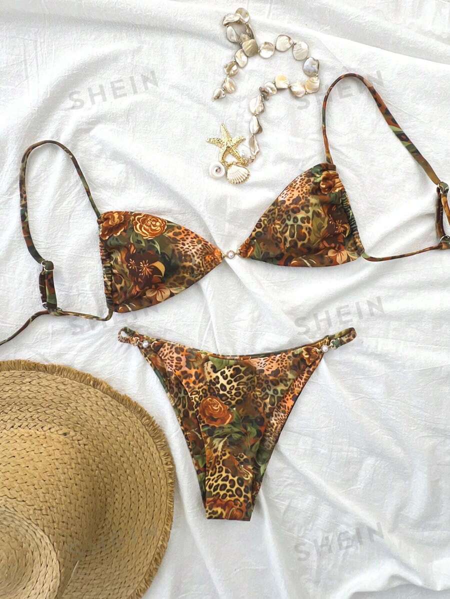 Swim Vcay Set de 2 piezas de top corto de tirantes finos con estampado retro sexy y conjunto de bikini con amarres en la parte posterior para mujeres