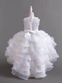 Children's Trailing Party Dress Puffy Cake Dress, Flower Girl Birthday Party Princess Dress - White - View 2