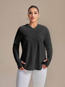 SHEIN Rhythm Era 大码拇指孔设计提花三角形图案长袖瑜伽运动衫 - 黑色 - 查看 4