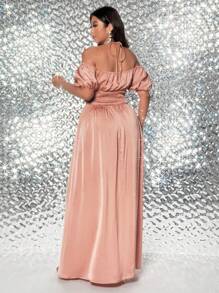 Viva Relle Plus Size Woven Elegant Sexy Ruffle Slit Cami Dress - Pink - View 6