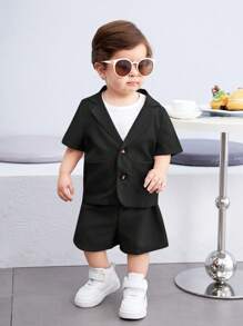 SHEIN Baby Boy/Girl Simple Solid Color Short Sleeve Blazer Jacket & Elastic Waist Shorts Set, Casual Korean Style, Suitable For Summer
