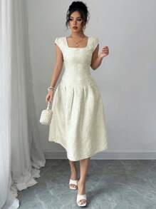Elenzga Abito casual di media lunghezza in tessuto jacquard, nuovo per il 2025, look elegante per donna - Albicocca - Visualizzare 4