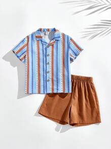 SHEIN Young Boys Striped Retro Style Summer Camp Shirt & Shorts Set - Multicolor - View 3
