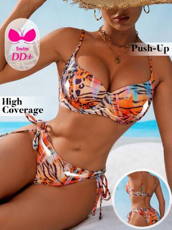 Swim DD+ Kvinnors helmönster med djurmönster bikiniset med ringdekor, vadderad behå, 2 st, bekväma fritidsbadkläder