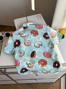 SHEIN 1pc Young Boy Casual School Style Comfortable & Fashionable Sweet Minimalist Multi-Purpose Soft Cute Donut Print Short Sleeve Collar Shirt Top, Suitable For Vacation, Spring/Summer, Holidays, Daily Wear - Blue - View 2