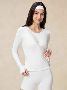 OutZeal 女士户外T恤 露营健身上衣 长袖 收腹 速干 丝滑柔软 圆领带拇指孔 - 白色 - 查看 10