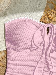 Women'S Solid Color Textured Fabric Tube Top With Drawstring Waist Ruched One-Piece Beach Outfit For Summer Beach Vacation - Pink - View 6