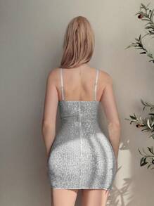 EgrlEra Women's Solid Color Sequin Cutout Camisole Mini Sexy Dress