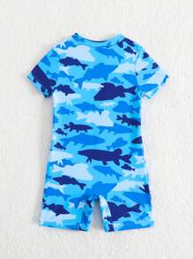 Baby Boy Cartoon Shark Printed One-Piece Swimwear - Multicolor - View 2