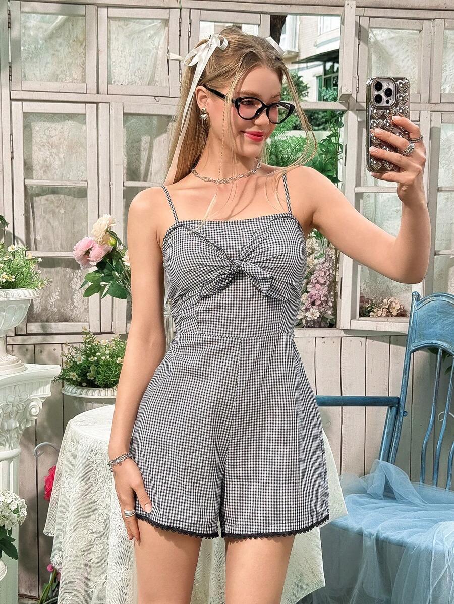 SHEIN 少女休闲蝴蝶结后背连体裤，带花卉蕾丝边 - 黑色 - 查看 1