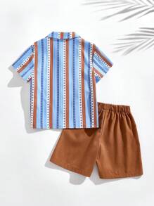 SHEIN Young Boys Striped Retro Style Summer Camp Shirt & Shorts Set - Multicolor - View 2