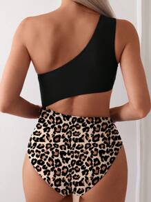 SHEIN Swim 1pc Women Sleeveless Leopard Print Patchwork Casual Comfortable One-Piece Swimsuit, Perfect For Vacation For Summer - Black - View 2