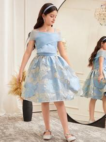 SHEIN Leap Crew Tween Girl's Elegant Off-Shoulder Blouse With Floral Print Skirt 2 Pieces Set - White - View 7