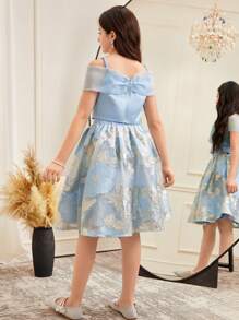 SHEIN Leap Crew Tween Girl's Elegant Off-Shoulder Blouse With Floral Print Skirt 2 Pieces Set - White - View 8