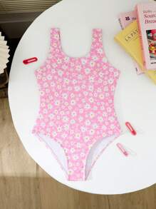 SHEIN 1pc Tween Girl' One-Piece Swimsuit With Random Daisy Flower Print - Pink - View 1