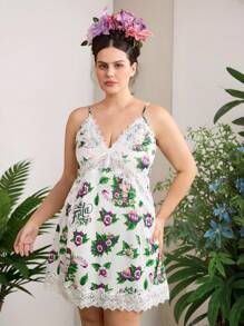 Frida Kahlo X SHEIN 大码细肩带撞色蕾丝睡裙，性感缎面花卉印花，适合睡衣，白色 - 白色 - 查看 6