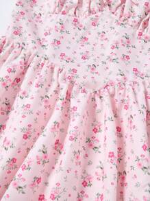 SHEIN 少女优雅碎花图案细肩带蝴蝶结中长连衣裙