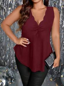 SHEIN Clasi Women's Versatile Waist Cinched Ruched Floral Collar Knit Tank Top - Burgundy - View 5