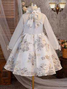 SHEIN 2pcs Set Tween Girls Elegant Jacquard Patchwork Stand Collar Slip Dress & Cover Up Outfit