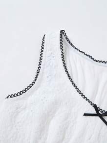 SHEIN Teen Girls' Elegant V-Neck Color Block Ruffle Bow Decor Dress - White - View 7