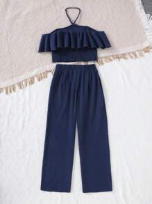 SHEIN Conjunto de Duas Peças com Camisa Cropped e Calça Pantalona com Babados para Meninas Pré-Adolescentes - Azul Marinho - Visão 7