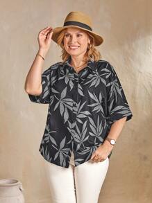 SHEIN LUNE Summer New Loose Leaf Printed Women Shirt - Black - View 1
