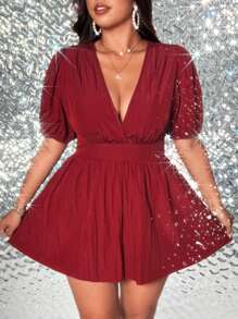 Viva Relle Plus Size Solid Color Puff Sleeve Elasticated Waist Jumpsuit - Red - View 1