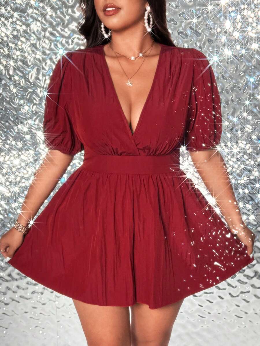 Viva Relle Plus Size Solid Color Puff Sleeve Elasticated Waist Jumpsuit - Red - View 1