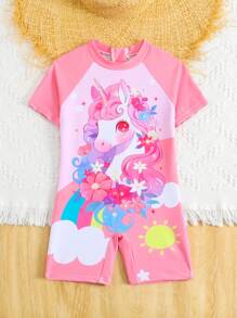 1pc Young Girl One-Piece Swimsuit, Fixed Version Digital Printing