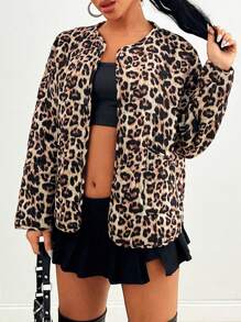 EURMUSE Leopard Is Back, Leopard Printed Round Neck Snap Buttoned Padded Quilted Winter Coat Summer Outfits For Women - Multicolor - View 6