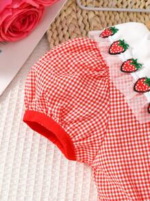 SHEIN Young Girl 1pc Casual Plaid Print Peter Pan Collar Puff Sleeve Short Dress For Girls - Red - View 6